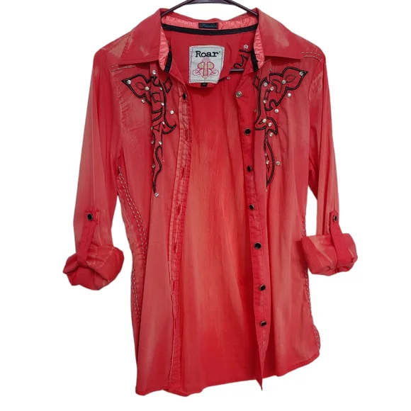 ROAR Western Button Down Shirt Embellished Distressed Coral Women's Med - Picture 9 of 12